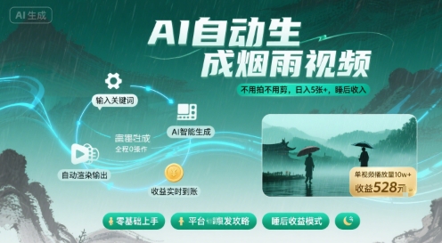 不用拍不用剪！AI自动生成烟雨视频，日入5张+，睡后收入-破局灯塔