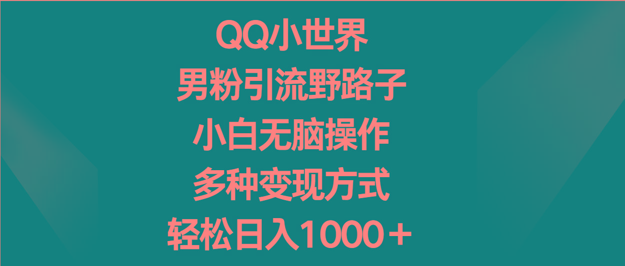 QQ小世界男粉引流野路子，小白无脑操作，多种变现方式轻松日入1000＋-创客资源阁