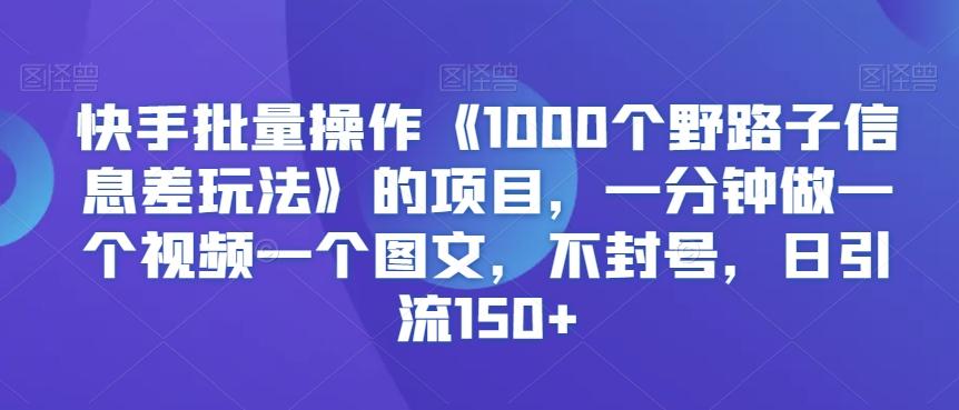 快手批量操作《1000个野路子信息差玩法》的项目，一分钟做一个视频一个图文，不封号，日引流150+【揭秘】-创客资源阁