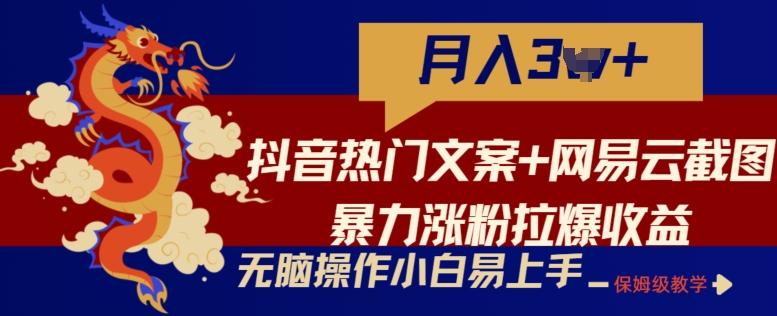 抖音热门文案+网易云截图暴力涨粉拉爆收益玩法，小白无脑操作，简单易上手【揭秘】-创客资源阁
