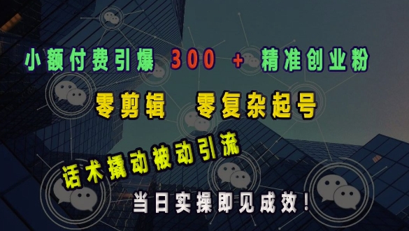 小额付费引爆 300 + 精准创业粉，零剪辑、零复杂起号，话术撬动被动引流，当日实操即见成效-创客资源阁