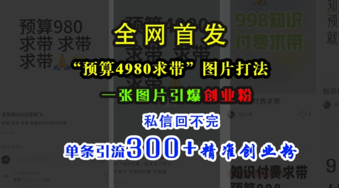 小红书“预算4980带我飞”图片打法，一张图片引爆创业粉，私信回不完，单条引流300+精准创业粉-创客资源阁